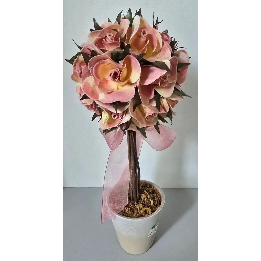 Pink Faux Rose Topiary Arrangement Whitewashed Pot Floral Home Decor 12 Inch